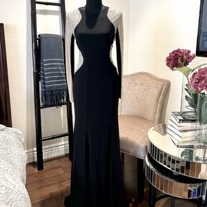 Xscape Black Long Sleeve Dress with Silver Accents